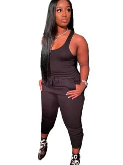 2 Piece Sleeveless Solid Color Tank Top Pants Set