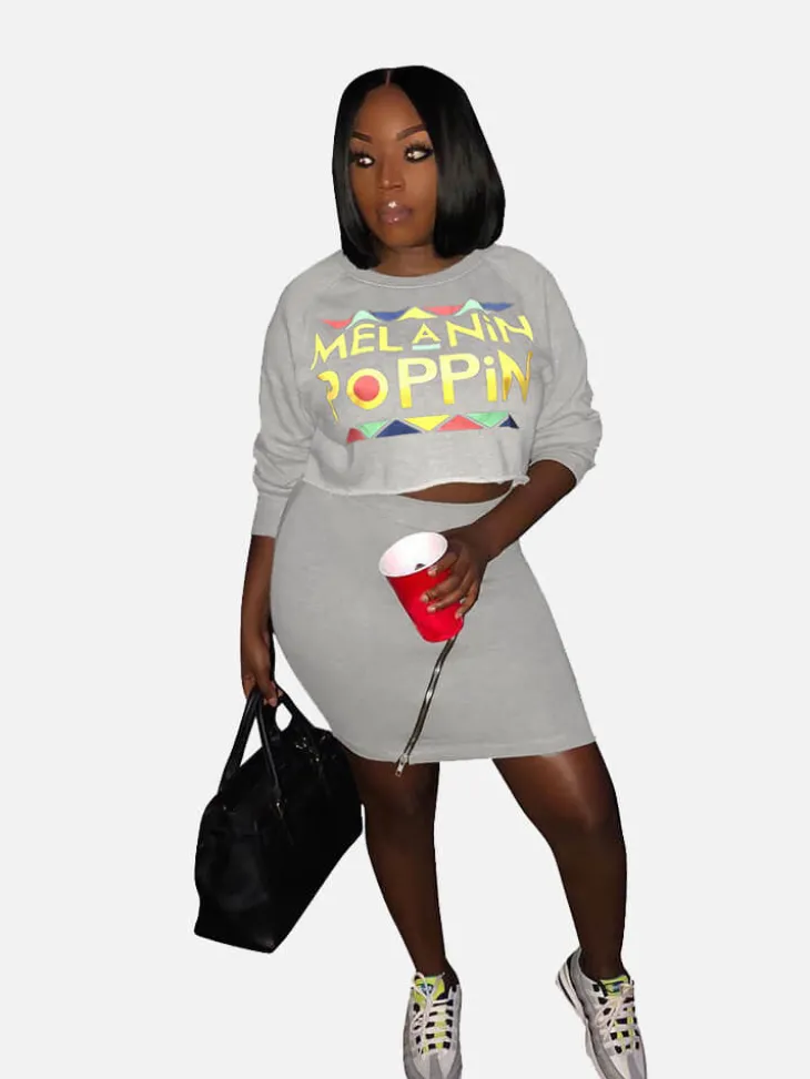 2 Pieces Black Pop Print Sweatshirt Top Mini Skirt Set