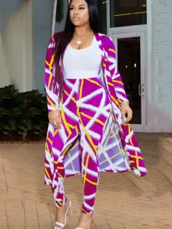 2 Pieces Stripe Print Cardigan Cover-Up+Pants