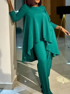 Asymmetric Hem Top Wide Leg Pants Set