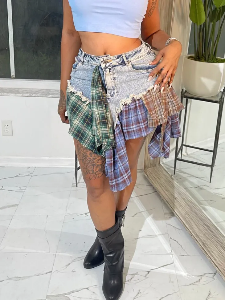 Asymmetric Plaid Patchwork Denim Mini Skirt