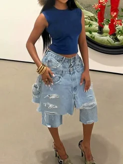 Asymmetrical Distressed Denim Capri Pants
