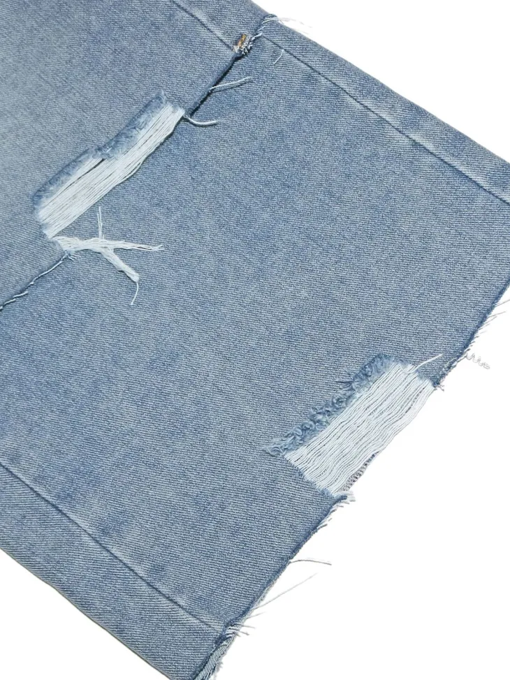 Asymmetrical Distressed Denim Capri Pants