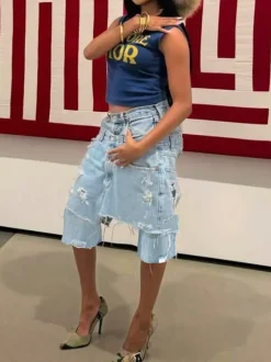 Asymmetrical Distressed Denim Capri Pants