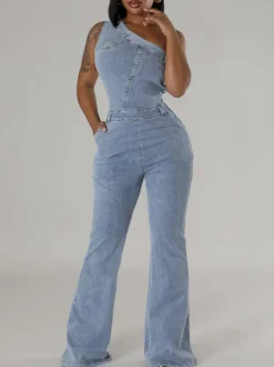 Asymmetrical Shoulder Denim Jumpsuit