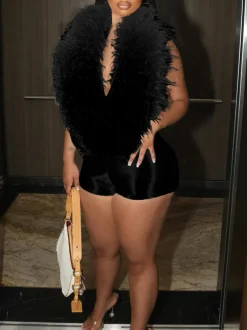 Backless Halter Faux Fur Trim Romper