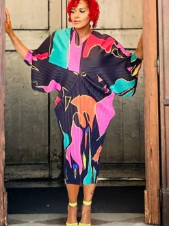 Bat Sleeve Floral Print Midi Dress