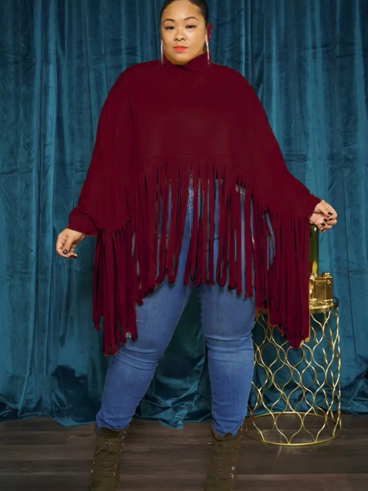Batwing Sleeve Zipper Tassel Ponchos Top