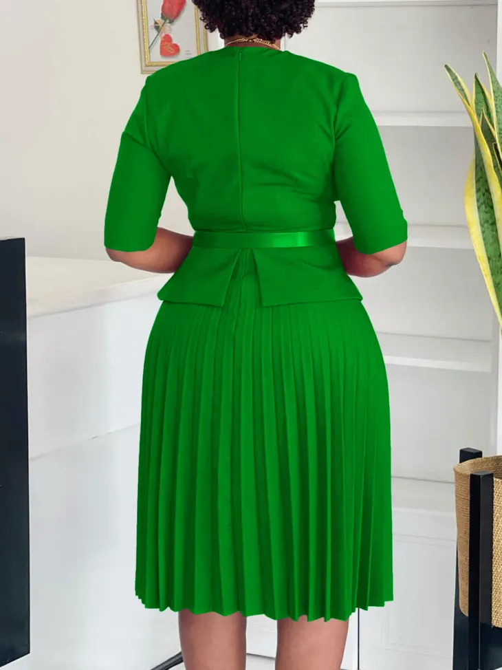 Belted Blazer Pleated Midi Dress