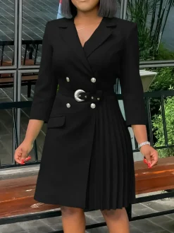 Belted Blazer Pleated Midi Dress