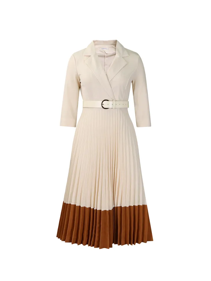 Belted Color-Block Pleated Blazer Midi Dress