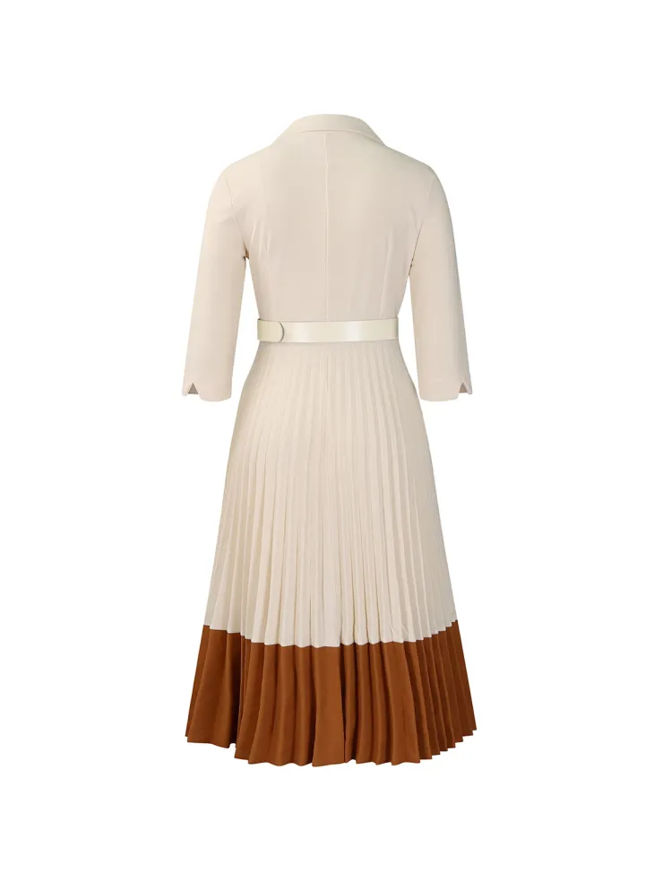 Belted Color-Block Pleated Blazer Midi Dress