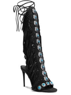 Boho Gemstone Lace-Up Fringe Heeled Sandals