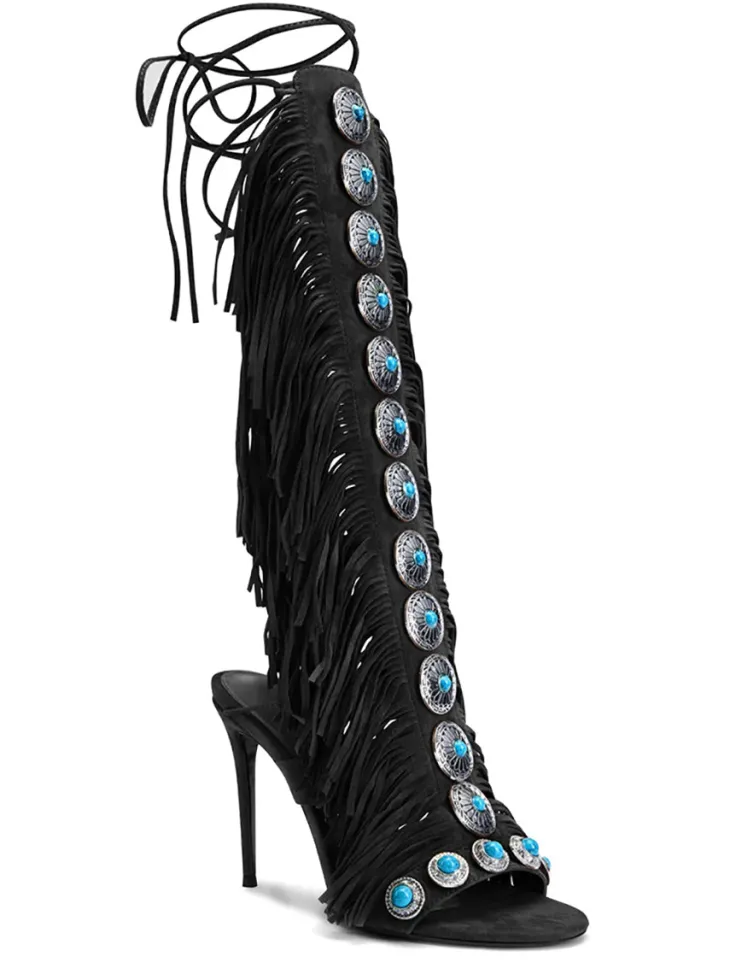 Boho Gemstone Lace-Up Fringe Heeled Sandals