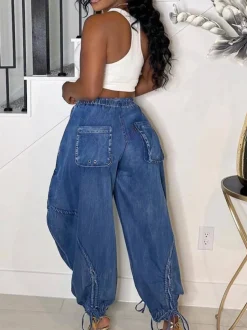 Bow Tie Elastic Waist Loose Jeans