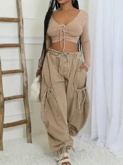 Bow Tie Elastic Waist Loose Jeans