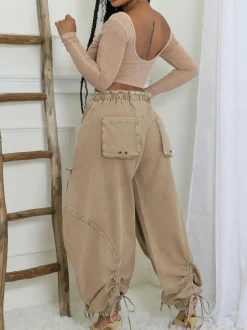 Bow Tie Elastic Waist Loose Jeans