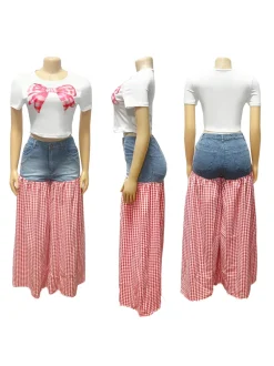 Bow Tie Print Top Denim Plaid Wide-Leg Pants Sets