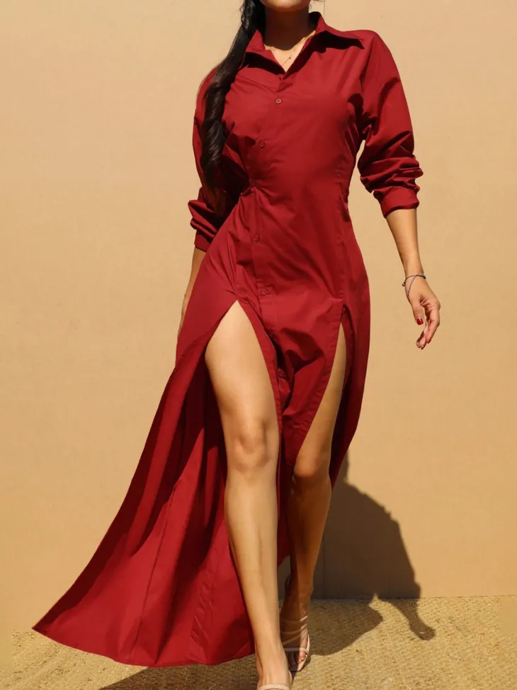 Button-Down Slit Maxi Shirt Dress