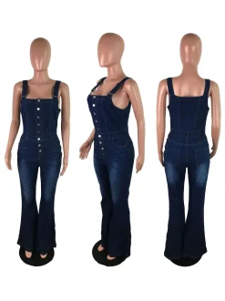 Button-Up Flared Denim Jumpsuit
