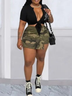 Camouflage Pocketed Mini Skirt Shorts