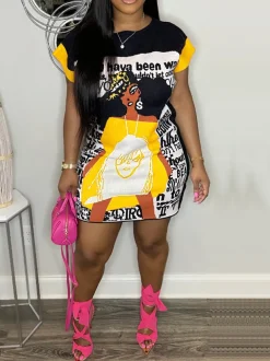 Cartoon Graffiti Print T-Shirt Dress