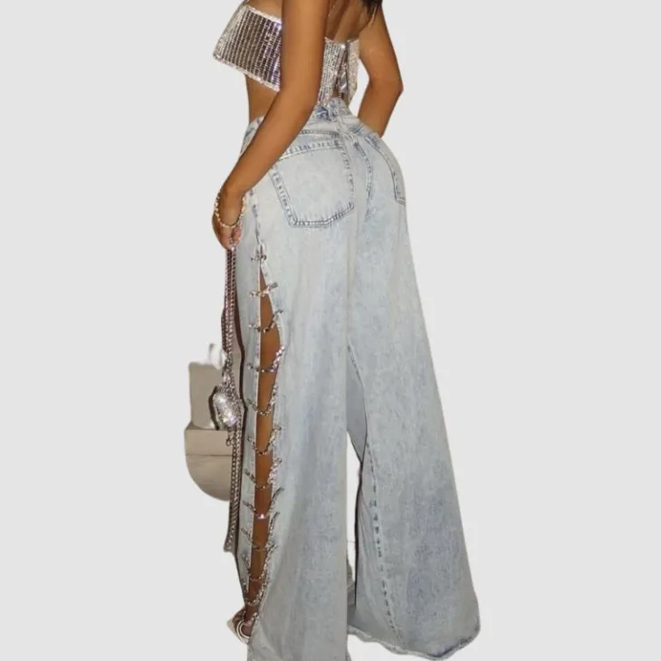 Chain Embellished Hollow-out Jeans