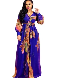 Chiffon Floral Printed V Neck Wrap Boho Maxi Dress