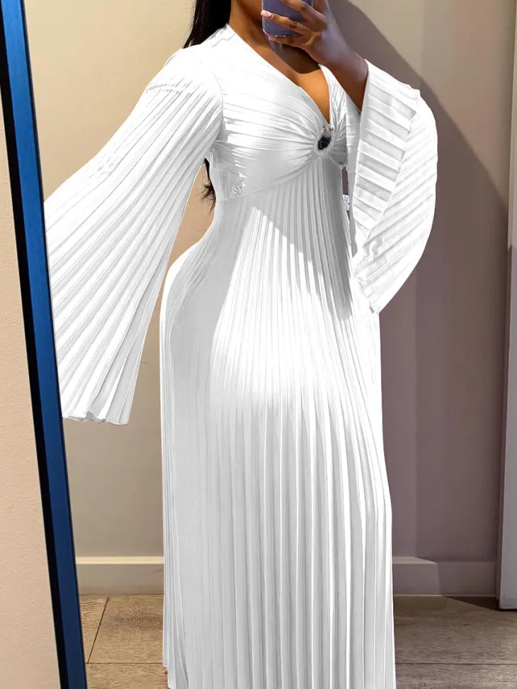 Chiffon V-Neck Pleated Maxi Dress