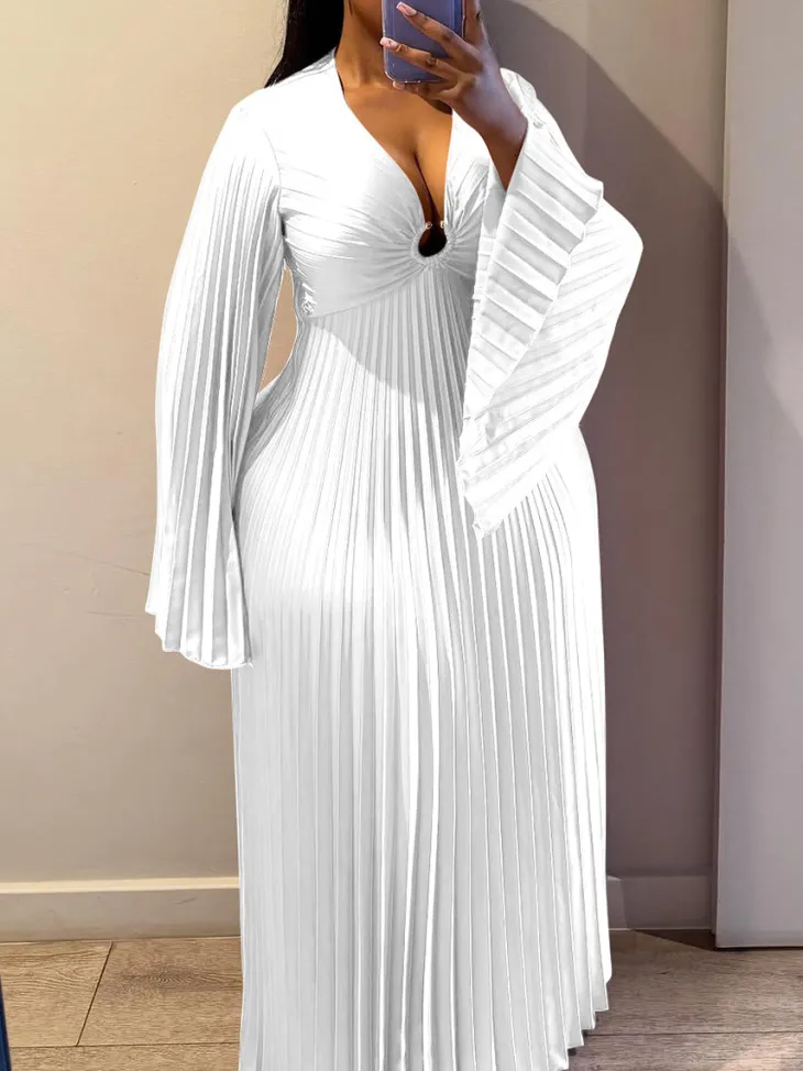 Chiffon V-Neck Pleated Maxi Dress