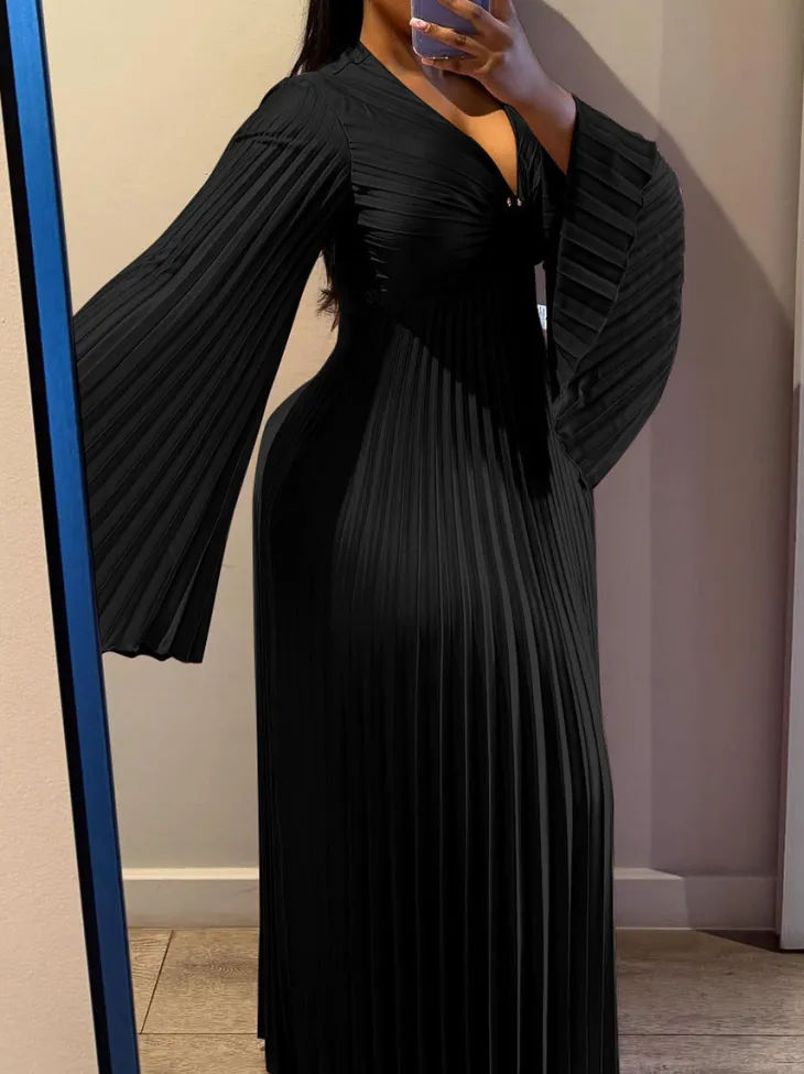 Chiffon V-Neck Pleated Maxi Dress