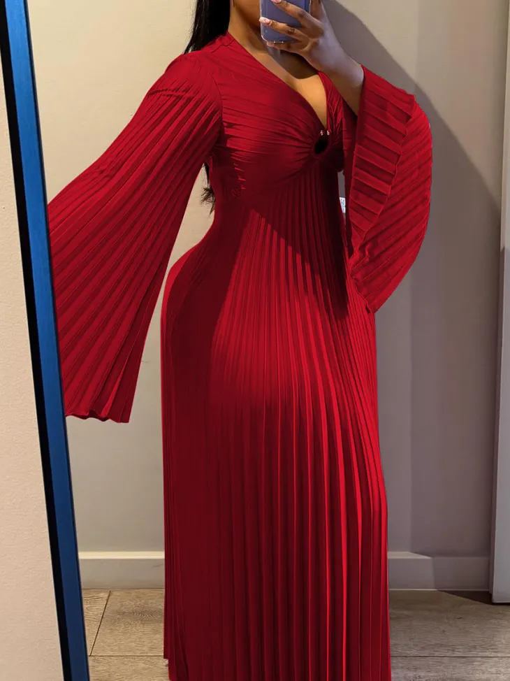 Chiffon V-Neck Pleated Maxi Dress