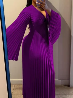 Chiffon V-Neck Pleated Maxi Dress