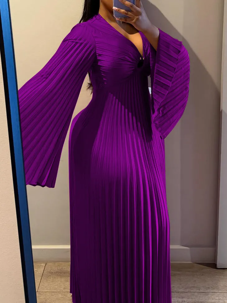 Chiffon V-Neck Pleated Maxi Dress
