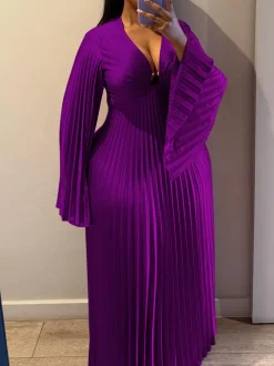 Chiffon V-Neck Pleated Maxi Dress