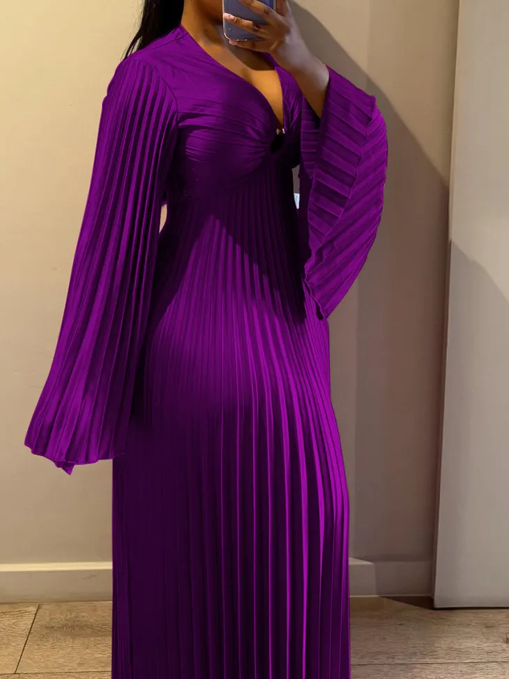 Chiffon V-Neck Pleated Maxi Dress