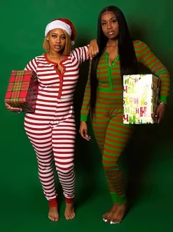 Christmas Striped Print Long Sleeve Jumpsuit