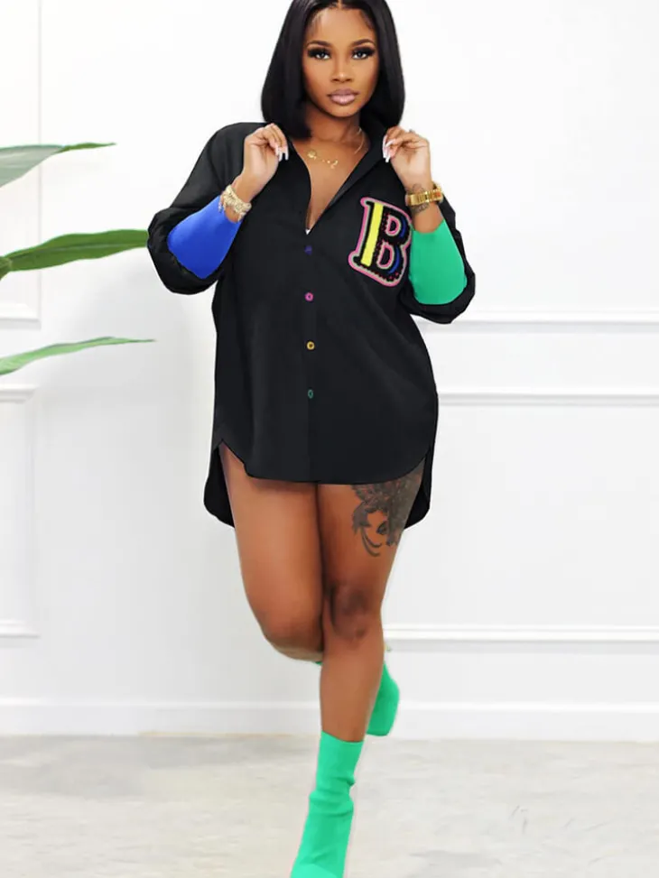 Color Block Letter Embroidery Button Down Shirts