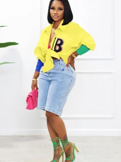 Color Block Letter Embroidery Button Down Shirts