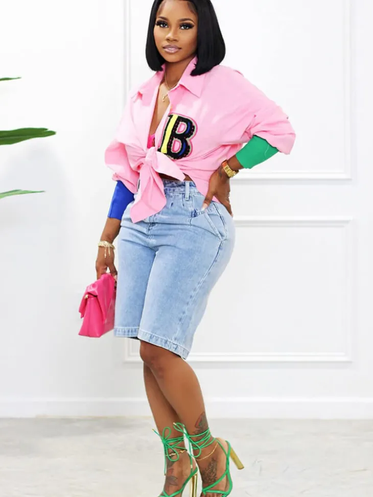 Color Block Letter Embroidery Button Down Shirts