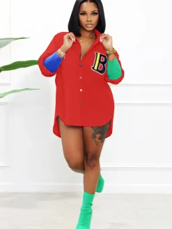 Color Block Letter Embroidery Button Down Shirts