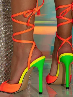 Colorful Fluorescent Tie Up Open Toe Heel
