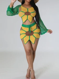 Crochet Sunflower Beach Skirt Set