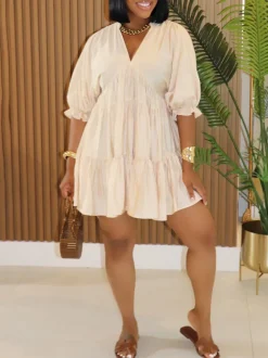 Cropped Sleeves Loose-Fit Pleated Dress