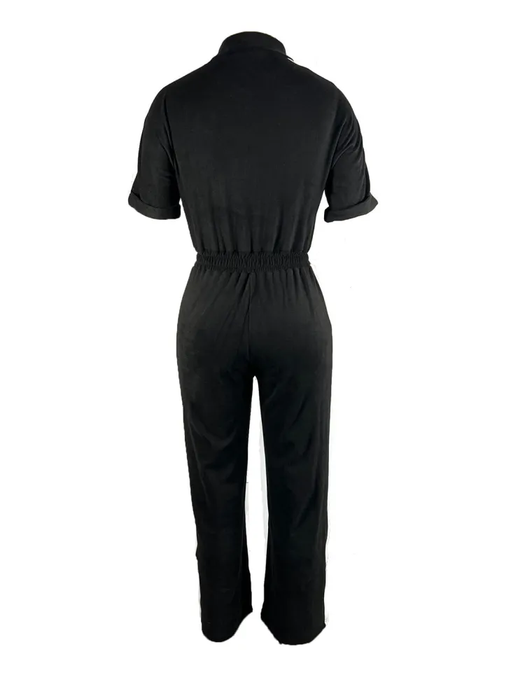Denim Color Block Zipper Long Jumpsuit