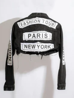 Denim Long Sleeve Letter Print Short Jacket