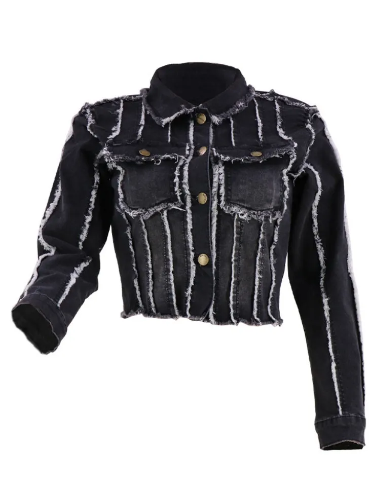 Denim Long Sleeves Button Ripped Jacket