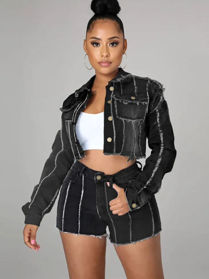 Denim Long Sleeves Button Ripped Jacket