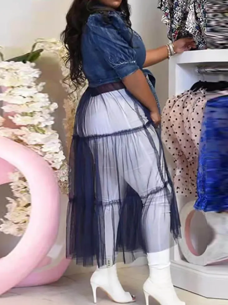 Denim Mesh Patchwork Short Sleeve Top