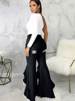 Denim Ripped Ruffle Hem Long Jeans